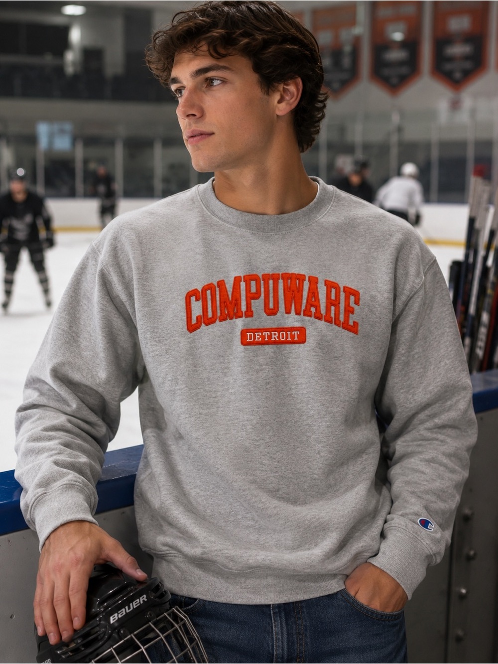Blue 84 Gray Crewneck Sweatshirt with Orange 'Compuware' Chest Logo